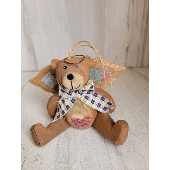 Vintage wooden angel bear jointed ornament Xmas unique - Picture 1 of 5